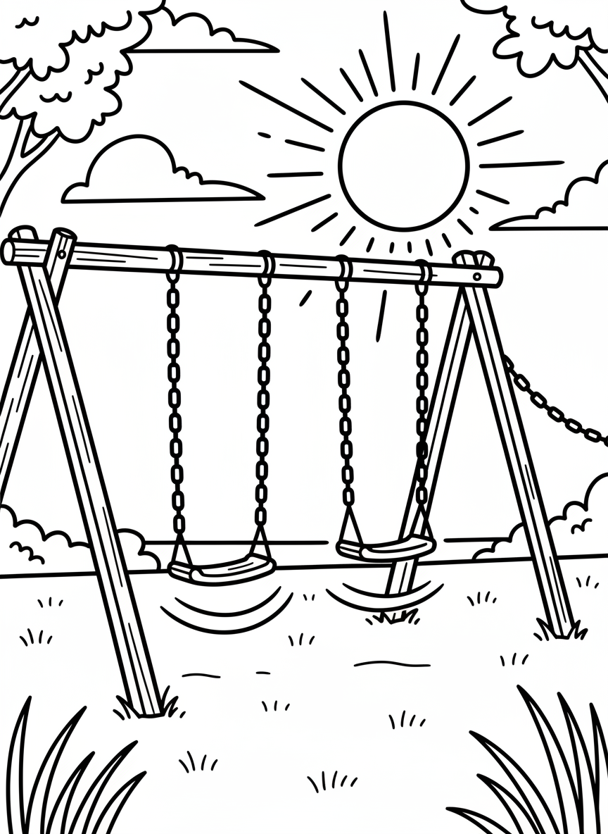 A playground swing set at sunset with empty swings gently moving, peaceful scene with horizon line