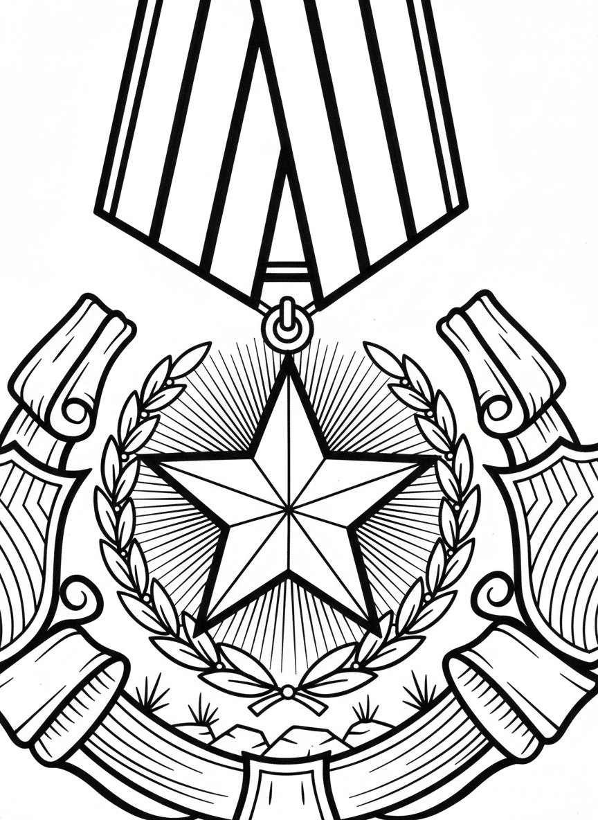 A military medal with a star hanging from a striped ribbon, detailed close-up of honor decoration