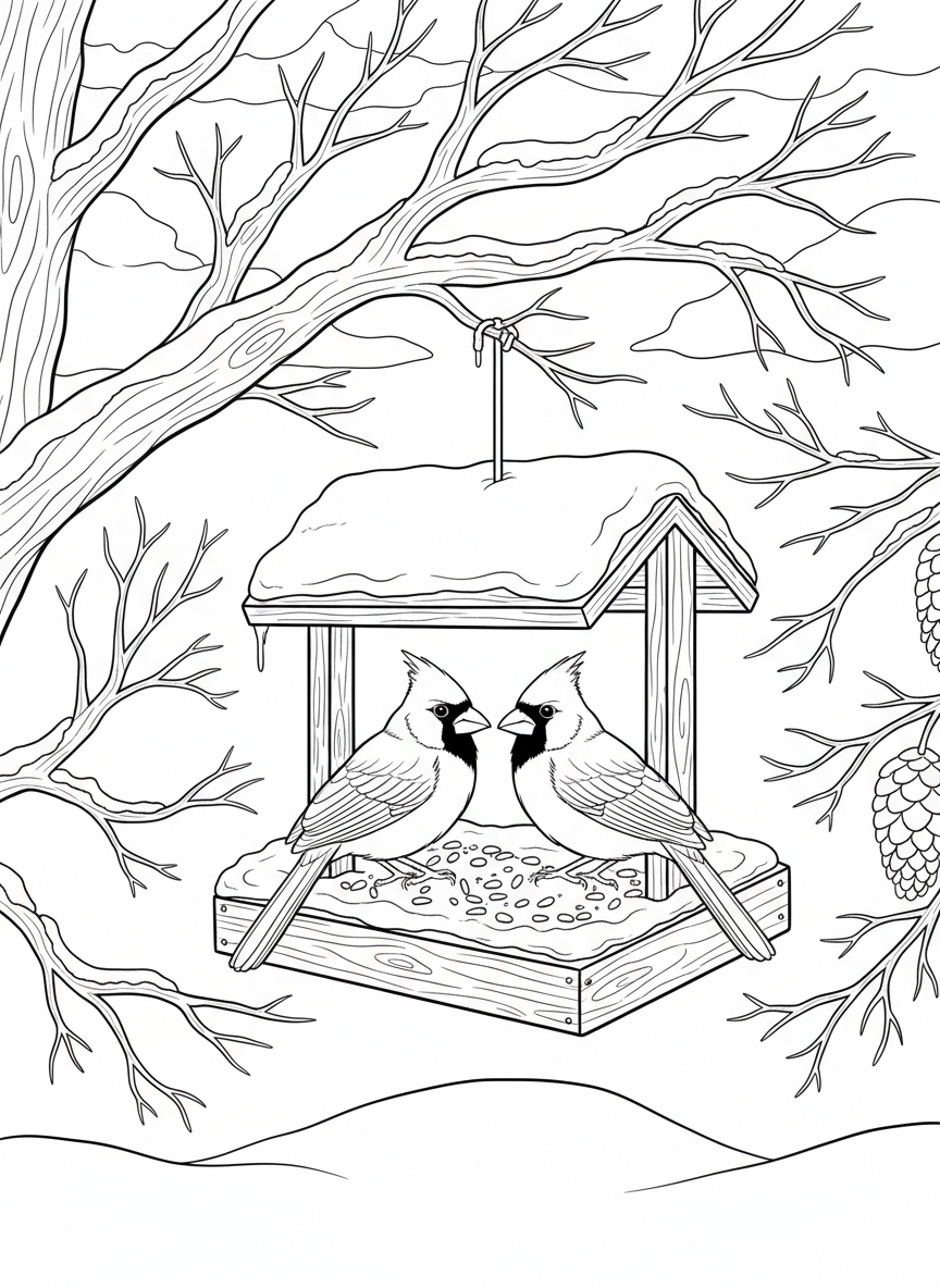 A cardinal pair sitting together on a snow-covered bird feeder in a winter scene with bare branches