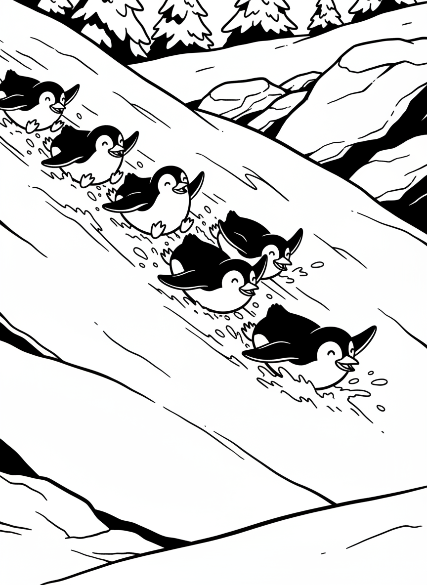 A group of five penguins sliding down a snowy hill on their bellies, showing playful action and movement with clear line art.