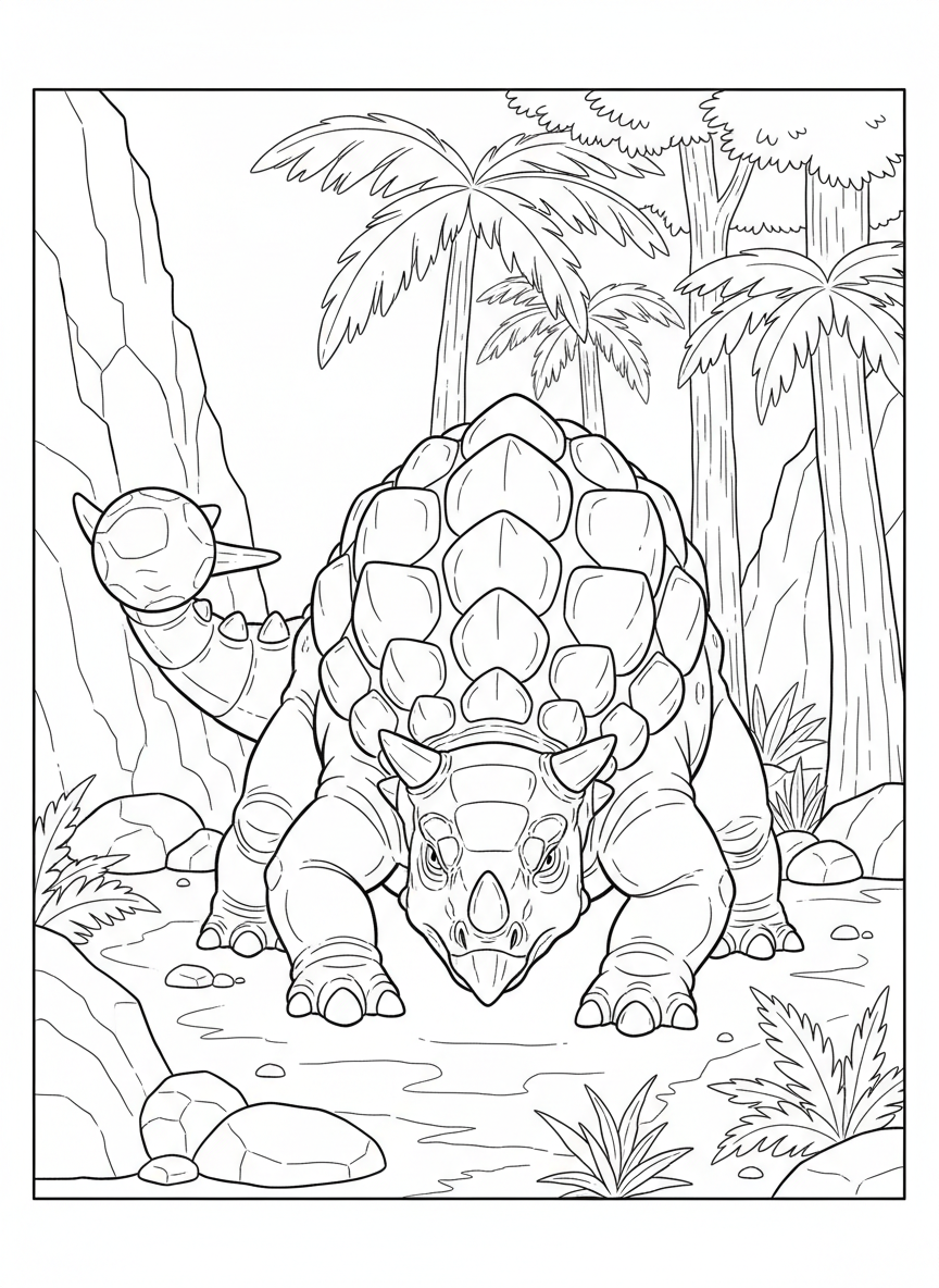 A close-up of an Ankylosaurus with armored body plates and a club tail, standing in a defensive pose.
