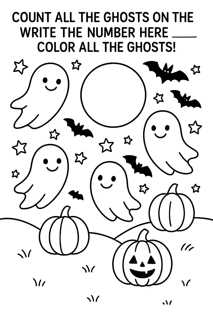 Change the title to "Count all the ghosts on the page. Write the number here ___ . Color all of the ghosts!"
