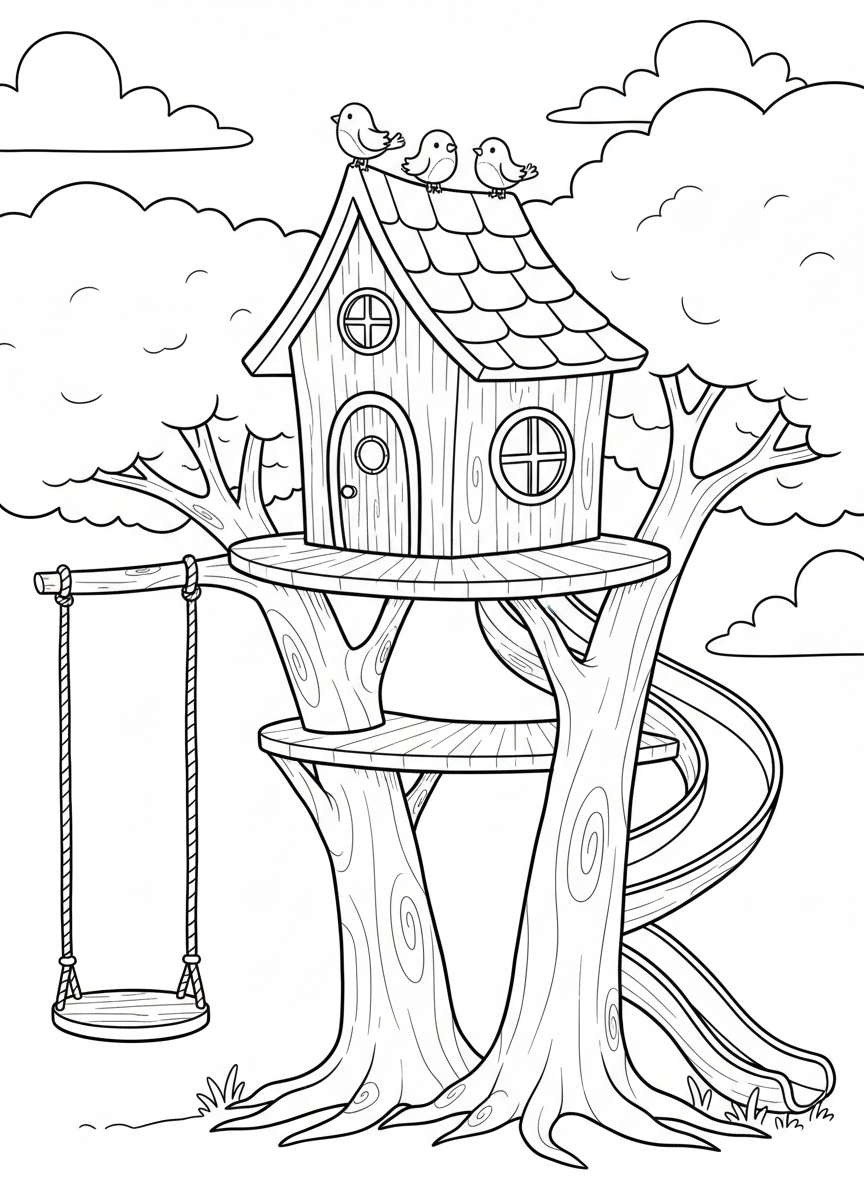 A whimsical treehouse built between two trees with a long rope swing, a slide, and birds perched on the roof.