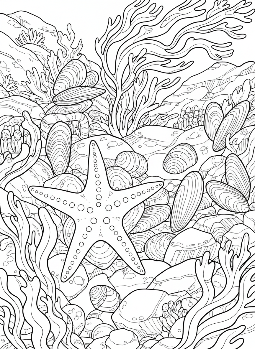 A tide pool from above showing starfish, mussels, limpets, and seaweed creating a busy ecosystem scene, complex composition for older kids.