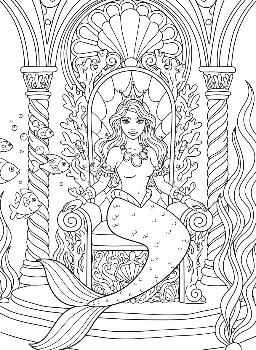 A mermaid princess wearing a crown and elegant jewelry, sitting on her throne inside an ornate underwater palace