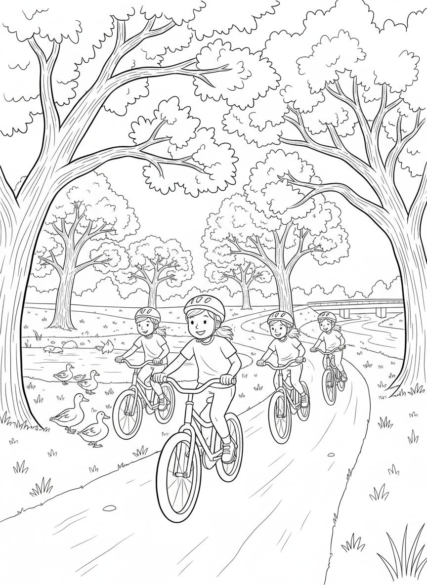 Children riding bicycles on a trail through Guadalupe River Park with trees and ducks, active outdoor scene