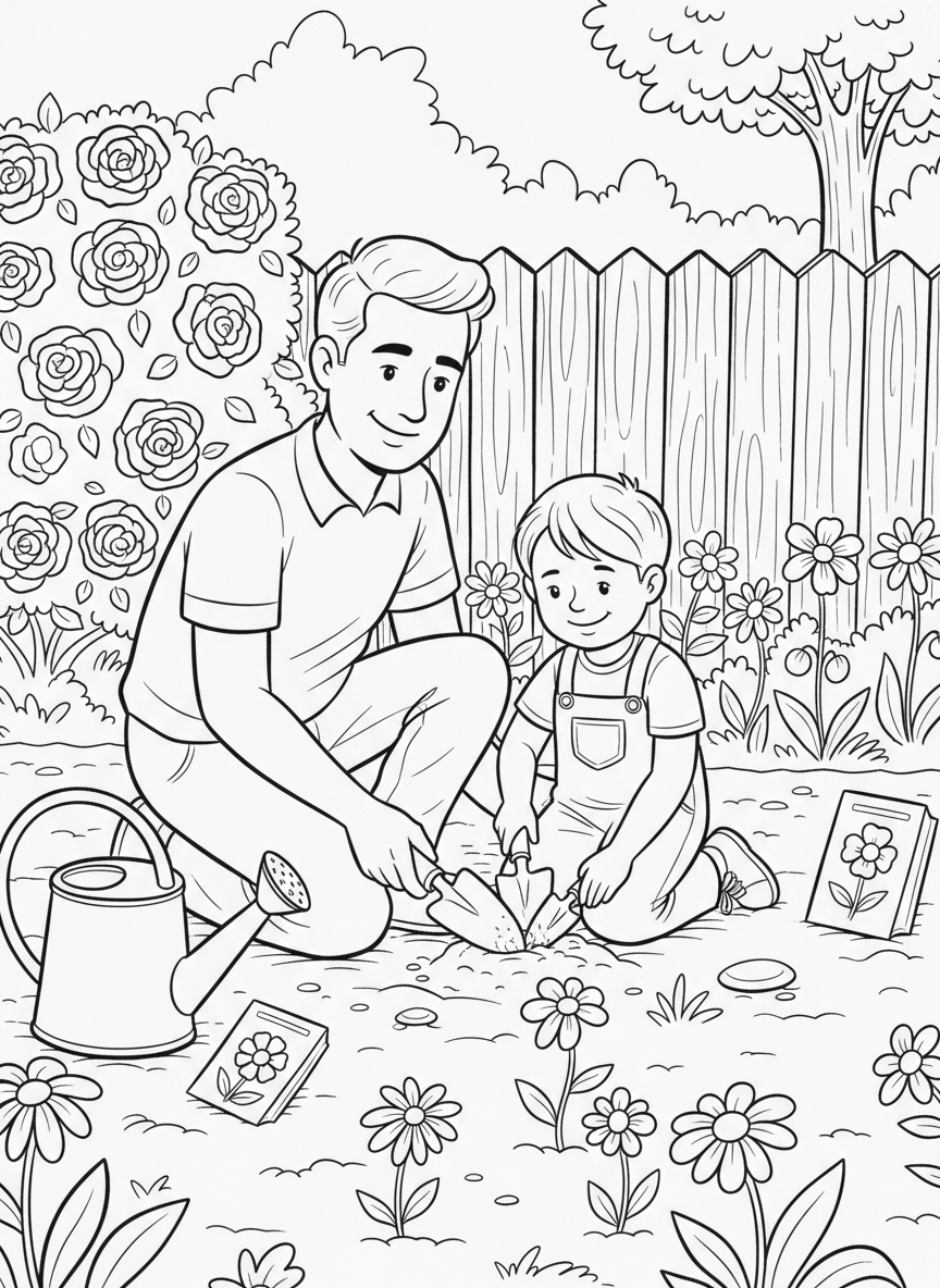 A garden scene with a dad and child planting flowers together, with a watering can and seed packets nearby