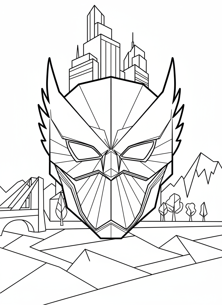 Origami superhero mask with pointed eye holes and decorative edges, shown flat with symmetrical design.