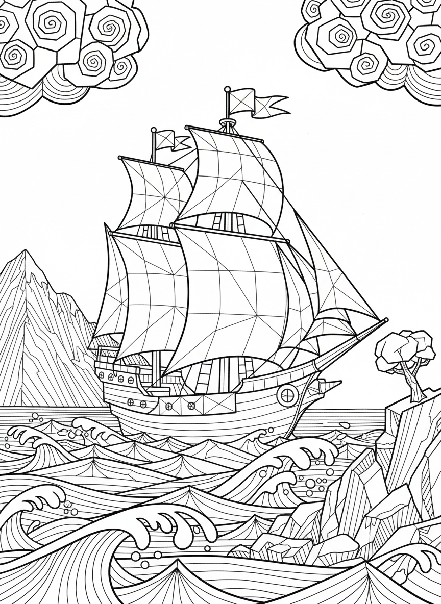 An elaborate origami galleon with multiple geometric sails, detailed paper fold lines, and flags, perfect for older kids who enjoy intricate designs.