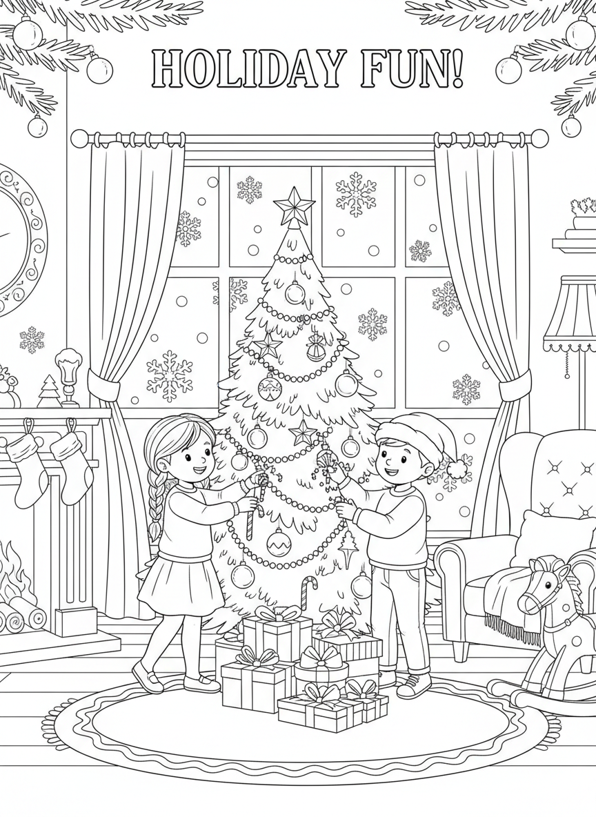 Holiday-themed coloring book cover, full-color festive illustration with kids decorating, snowflakes, and presents. Title-safe area at top.
