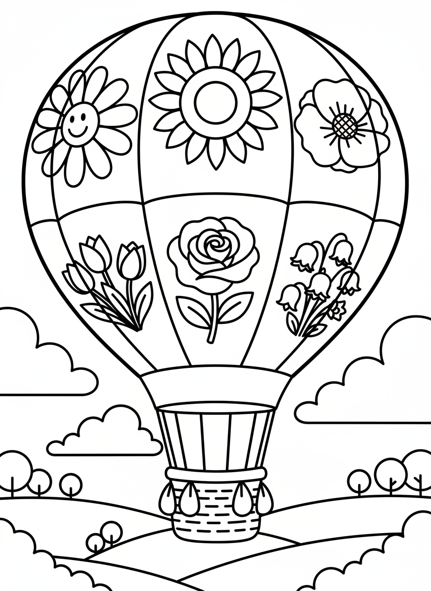 A simple hot air balloon with large flower designs on each section, perfect for younger kids to color.