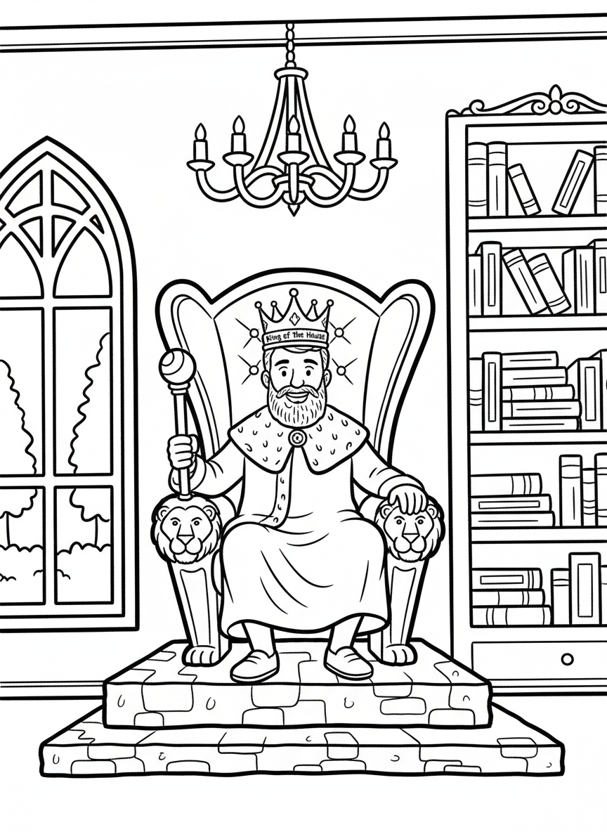 A dad wearing a crown labeled 'King of the House' sitting on a throne-like armchair with a scepter