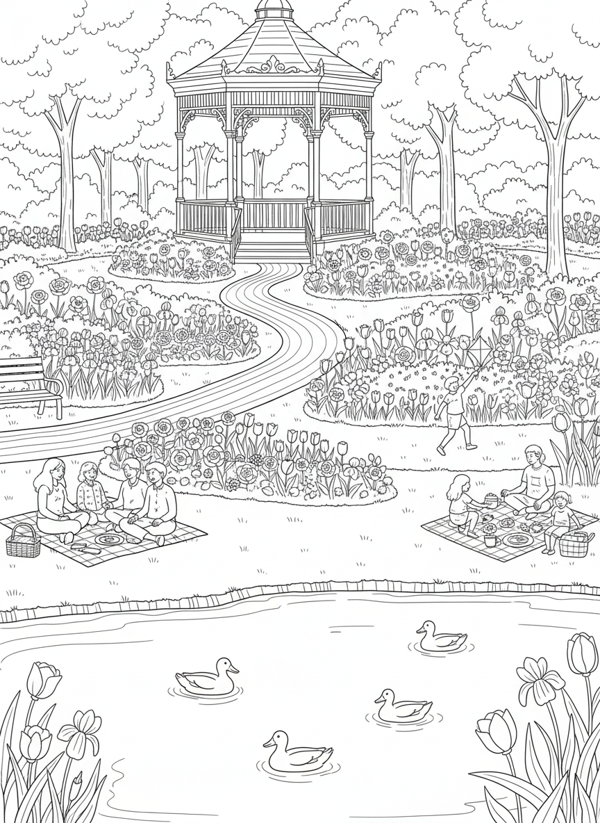 Washington Park's flower gardens in full bloom with a gazebo, walking paths, ducks on the lake, and families having picnics.