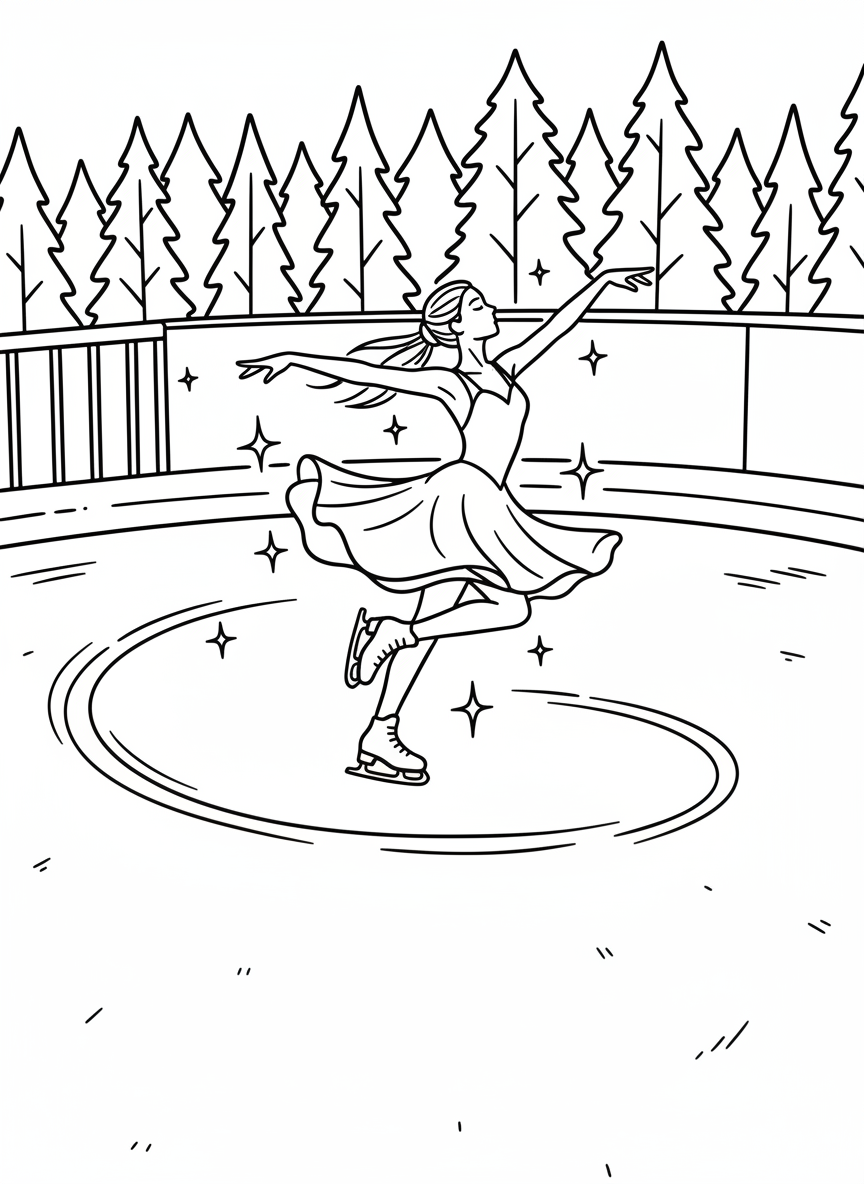 An elegant figure skater in a flowing dress performing a graceful spin on ice, arms extended, simple background with sparkles around her.