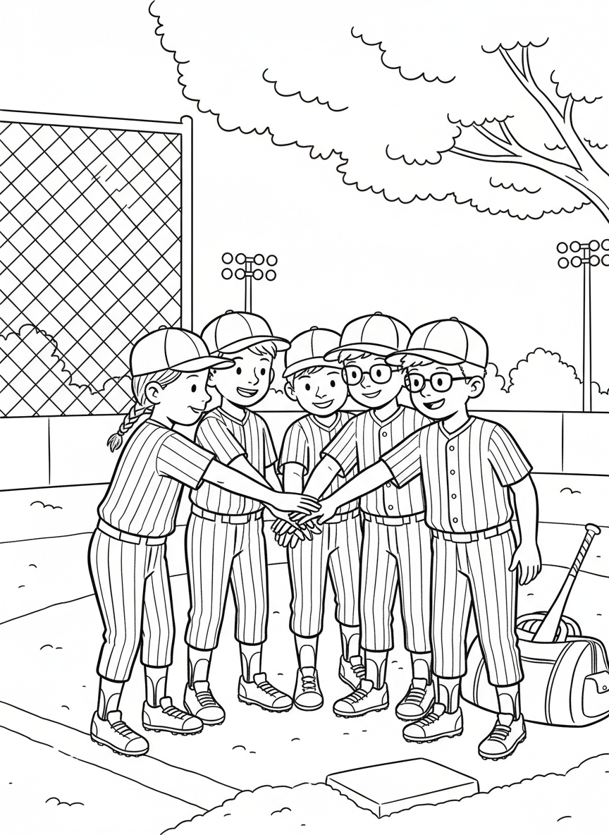 A group of diverse kids in baseball uniforms doing a team huddle with hands stacked together, showing teamwork and friendship.