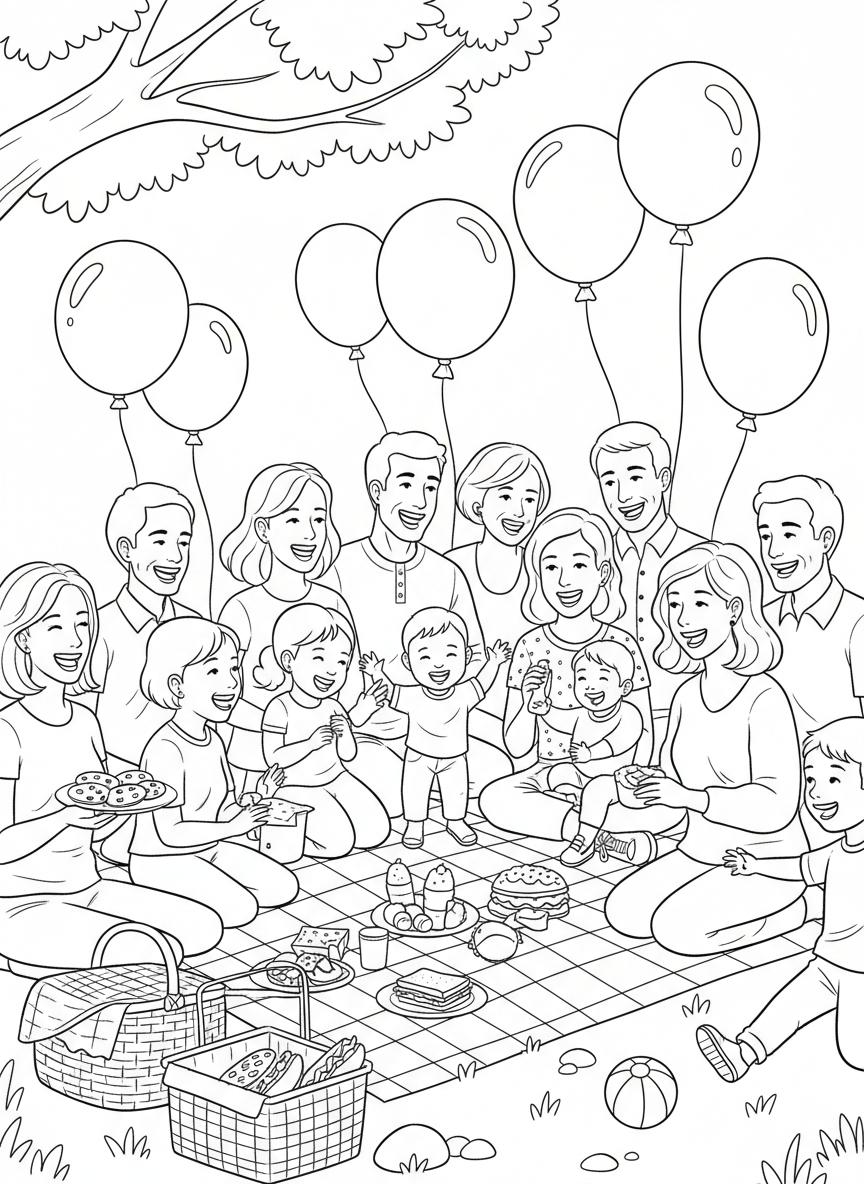 A joyful family gathering with people of all ages celebrating together outdoors, with balloons and a picnic blanket, simple line art for coloring