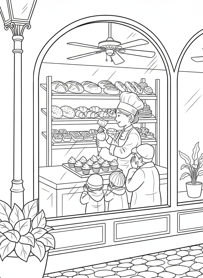 A baker decorating cupcakes in a bakery window while customers peek inside, with shelves of bread and pastries visible.