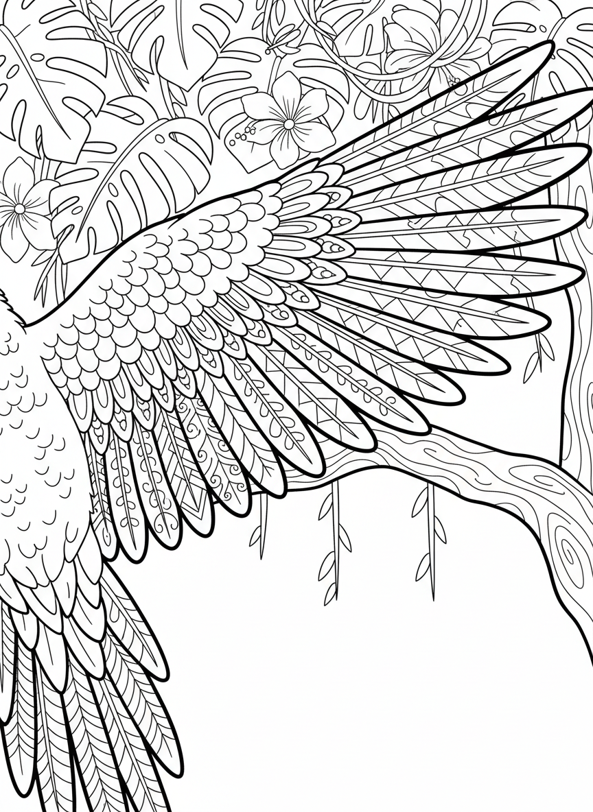 A simple coloring page of a parrot's wing showing individual feather details and patterns, educational and fun to color.