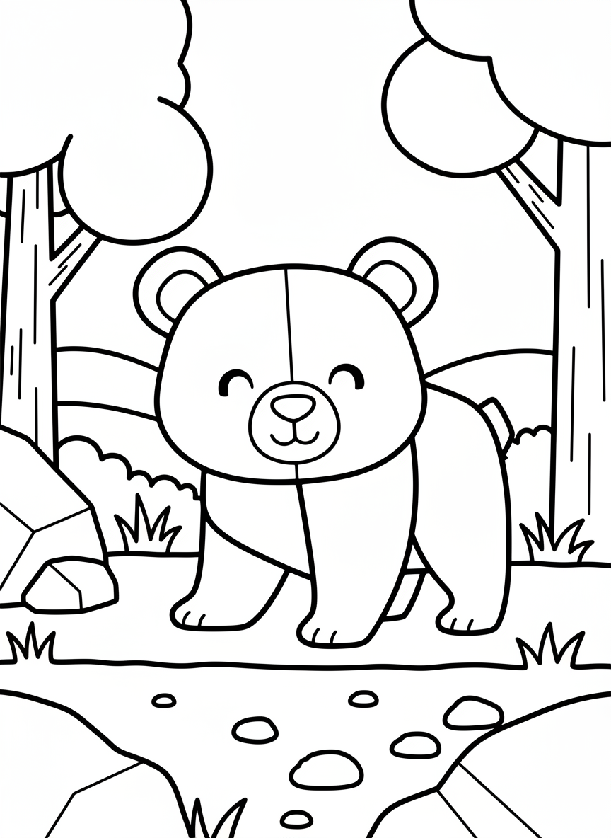 An origami bear cub with rounded geometric shapes, standing on all fours with a friendly expression, simple line art suitable for young children.
