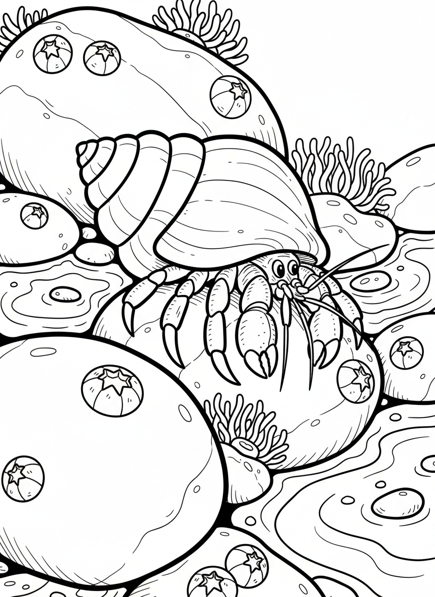 A hermit crab climbing over smooth tide pool rocks with barnacles, anemones, and small pools of water around it.