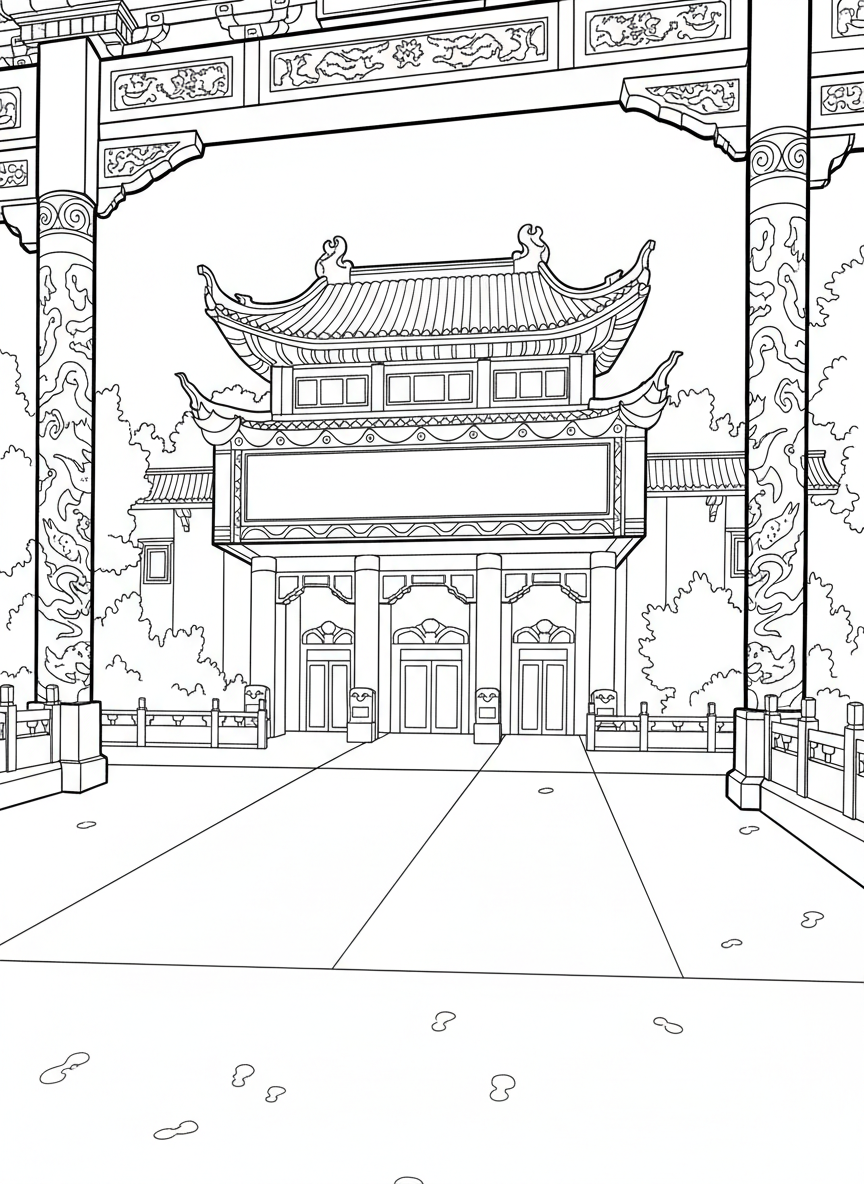The Chinese Theatre building facade with its distinctive pagoda architecture and decorative columns