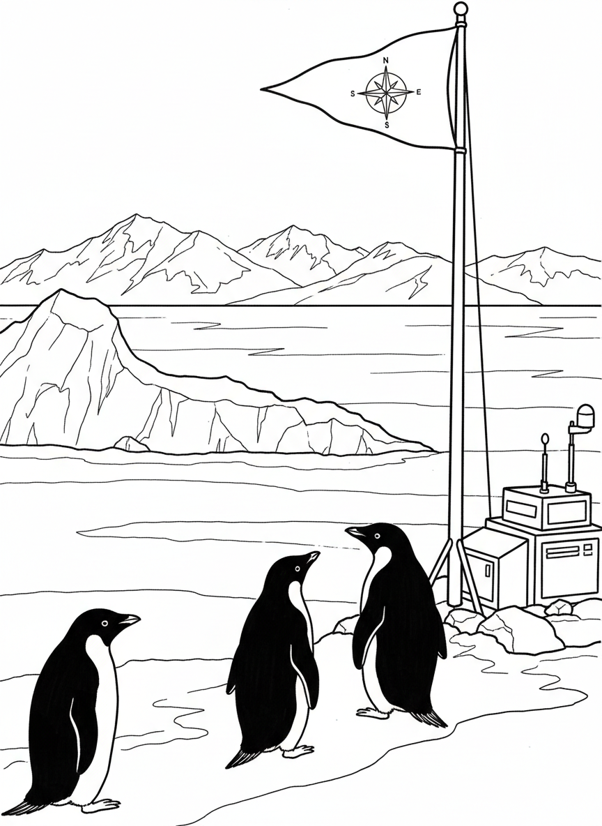 An Antarctic research scene with penguins curiously approaching a weather station flag and equipment boxes.