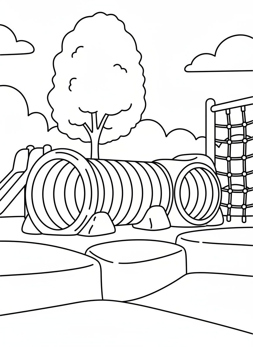 A tunnel crawl tube on the playground with entrance and exit visible, cylindrical shape easy to color