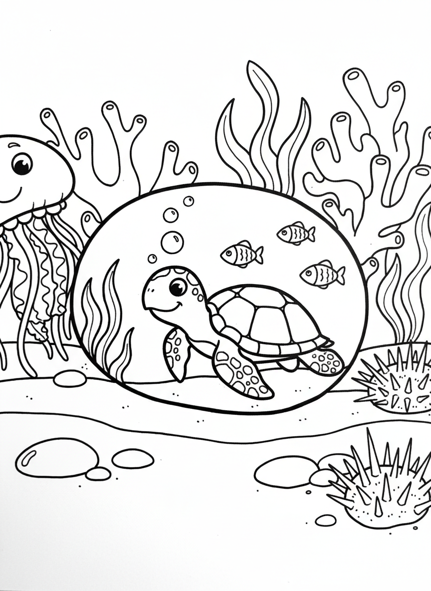 A flat beach stone painted with a cheerful sea turtle swimming among bubbles and small fish, simple line art composition