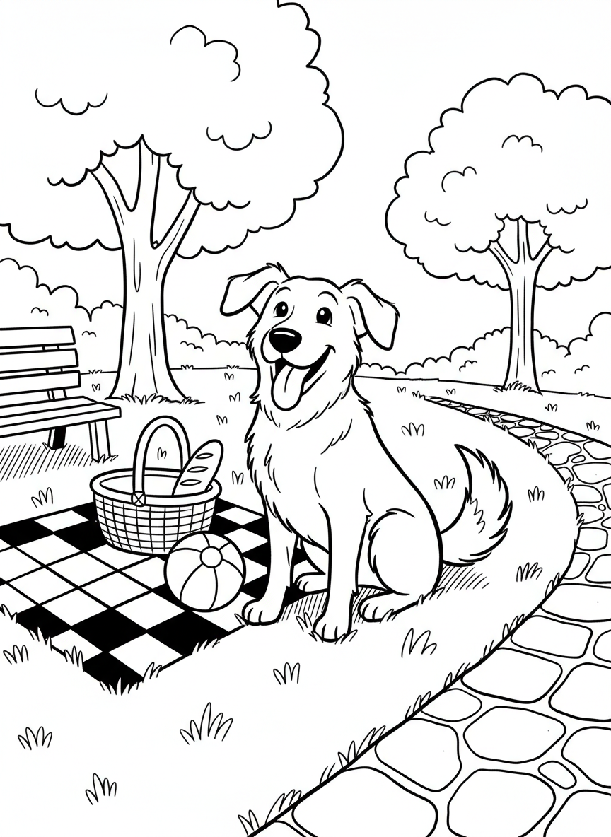 A happy dog sitting next to a picnic blanket, wagging its tail, with a ball and food basket nearby in a grassy park.
