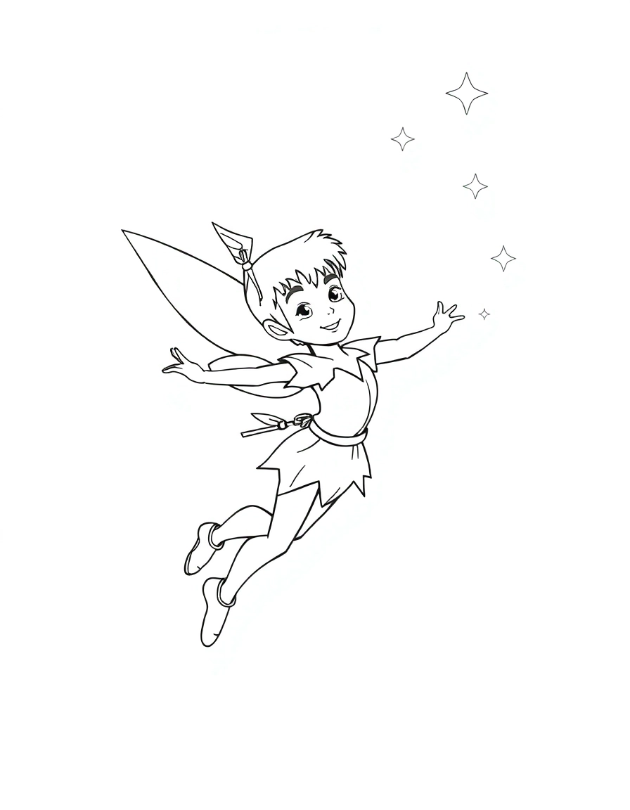 Peter Pan – A boy in a leafy outfit flying across the sky with stars twinkling behind him.
