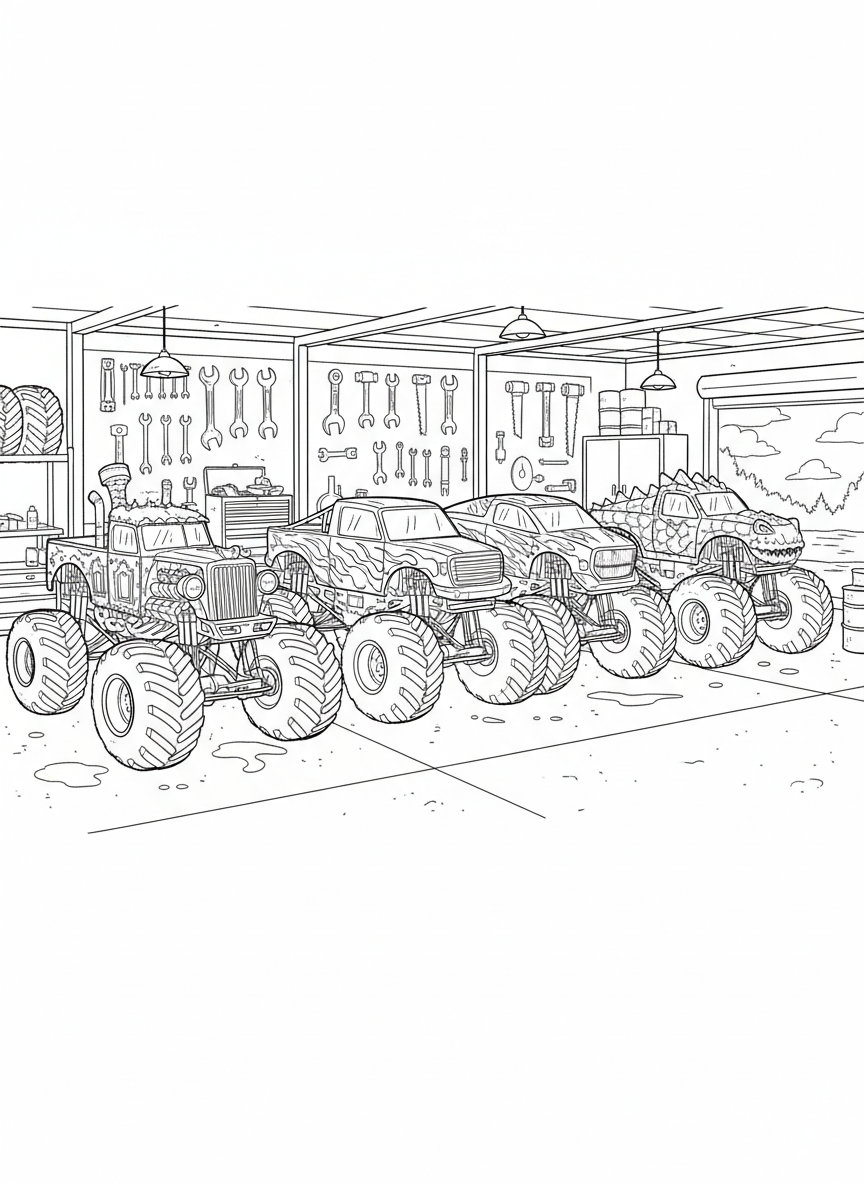 Four different monster trucks lined up in a garage, each with unique designs and decorations, tools on the walls.