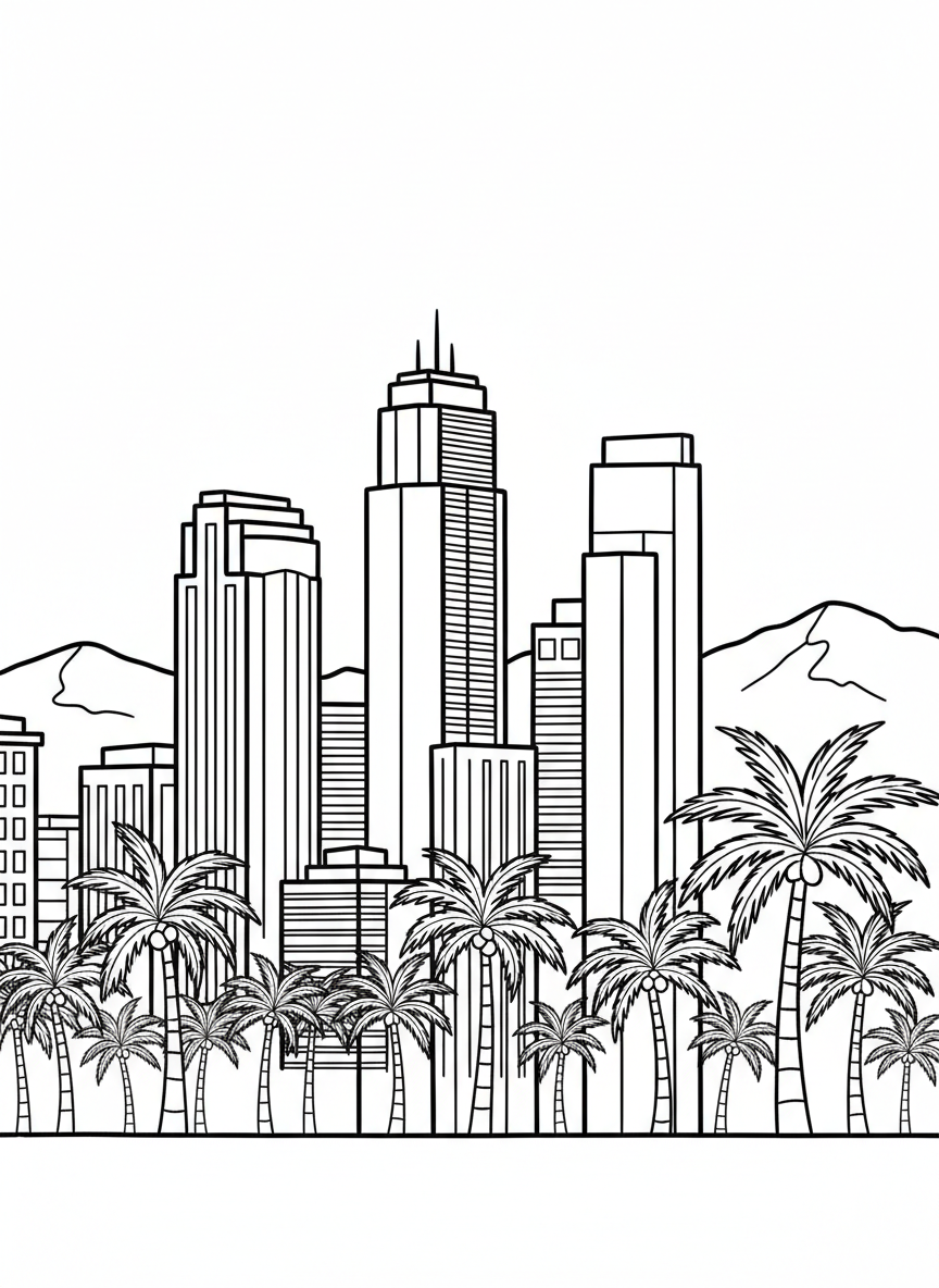The San Jose skyline with tall buildings, palm trees, and mountains in the background, simple cityscape line art