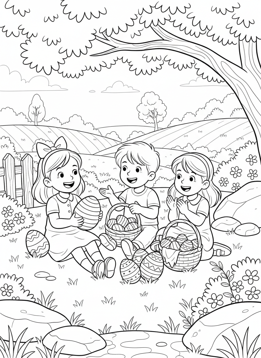 Easter Egg Hunt coloring page prompts featuring playful outdoor searches, colorful eggs, and joyful springtime fun.	Children comparing baskets after the hunt, sharing stories of their discoveries.