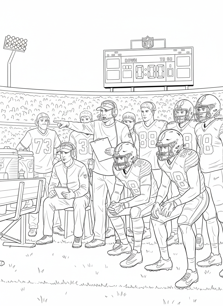 NFL Kickoff coloring page prompts capturing the start of football season, anticipation, tailgates, and opening-week excitement.	A sideline scene with coaches and players focused intensely during the opening drive.