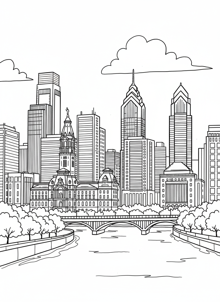 The Philadelphia skyline showing recognizable buildings like City Hall and Comcast Center, with the Schuylkill River in the foreground.