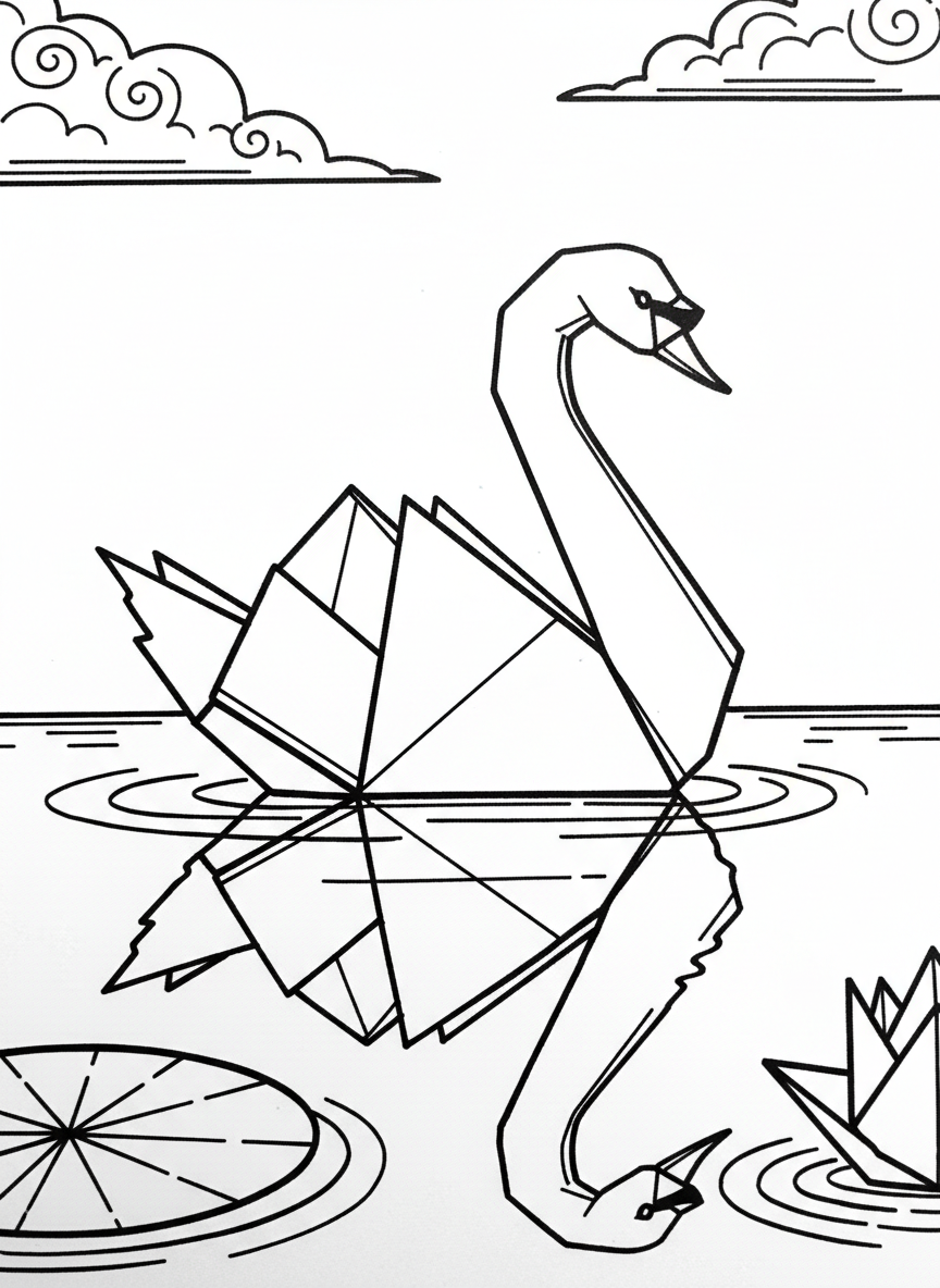 An origami swan floating on water with reflection lines beneath, featuring elegant curved neck and layered folded tail feathers.