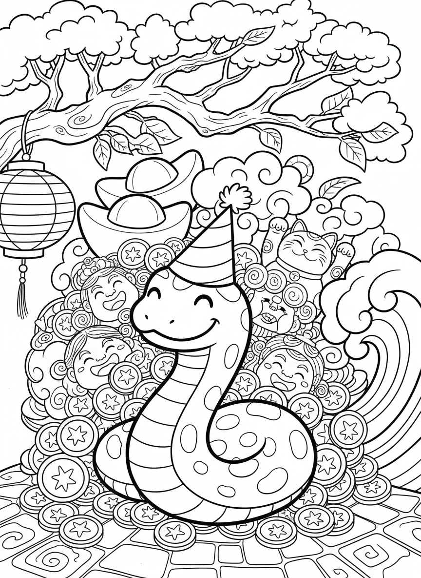 A smiling snake wearing a festive hat surrounded by gold coins and prosperity symbols, whimsical character design