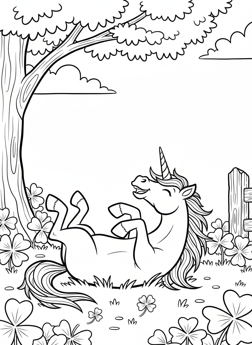 A playful unicorn rolling in a patch of clover, legs up in the air, whimsical and fun pose