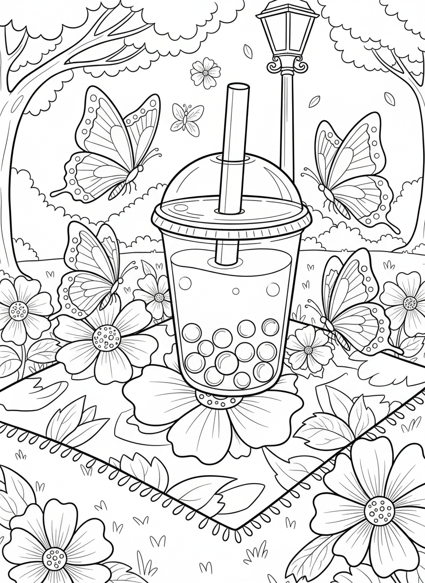 A picnic scene with a bubble tea cup on a blanket, surrounded by flowers and butterflies in a park setting