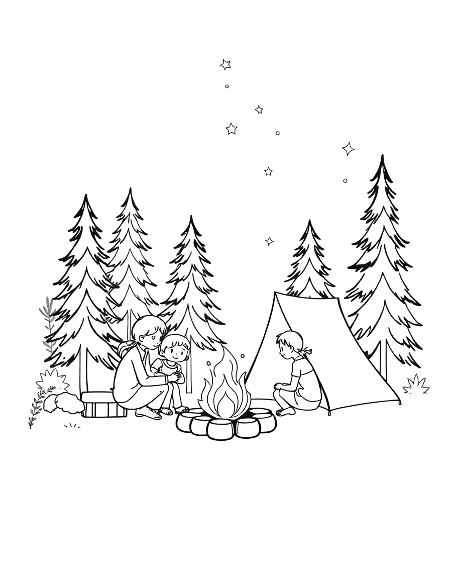 A family camping by a campfire, pine trees under a starry sky