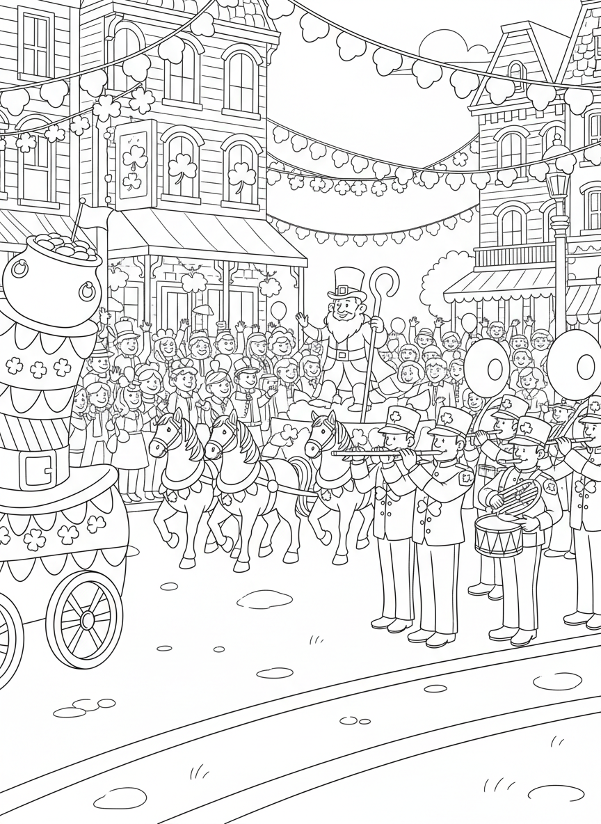 Saint Patrick Parade coloring page prompts featuring marching bands, festive floats, costumes, and lively crowds.	Crowds lining the street beneath hanging decorations, capturing the shared excitement of the parade.