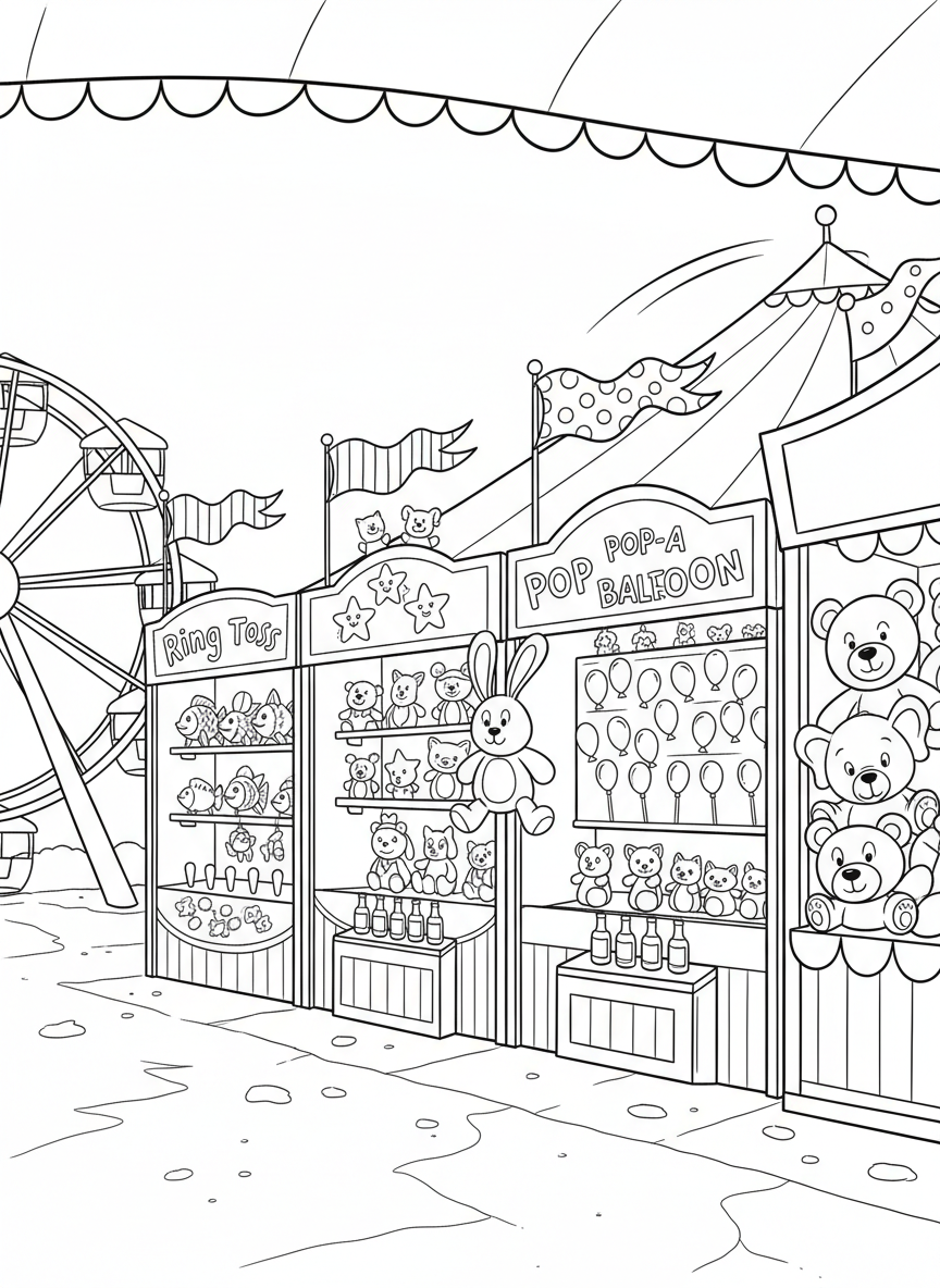 A row of carnival game booths with prizes hanging above, including stuffed animals and flags waving in the breeze.