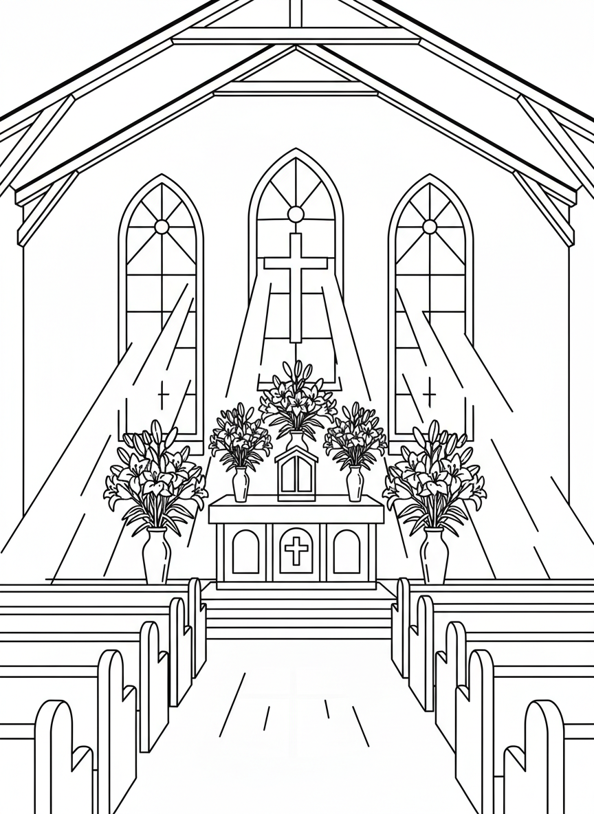 A simple church interior with wooden pews, an altar decorated with Easter lilies, and sunlight streaming through tall windows.