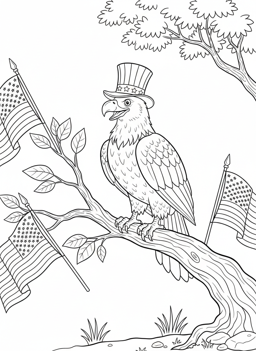 A cheerful bald eagle wearing a patriotic top hat decorated with stars and stripes, perched on a branch with American flags in the background