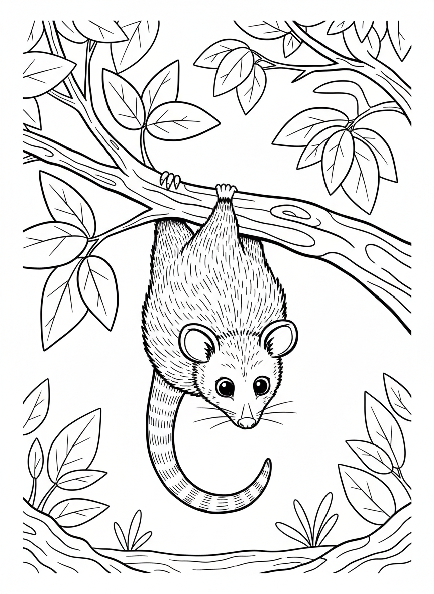 A possum hanging upside down from a tree branch by its tail, big eyes and round ears, nighttime leaves around it.
