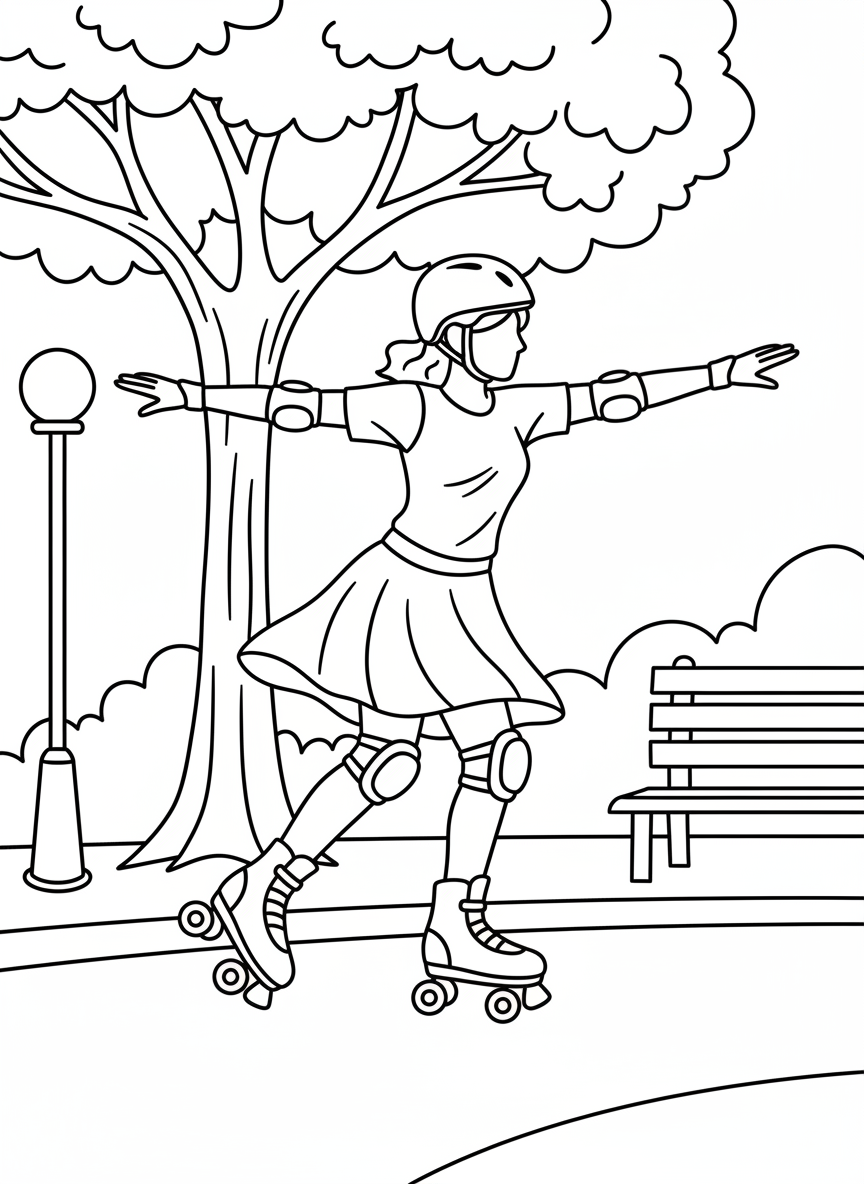 A roller skater performing a spin with arms outstretched, wearing knee pads and a helmet, graceful movement.