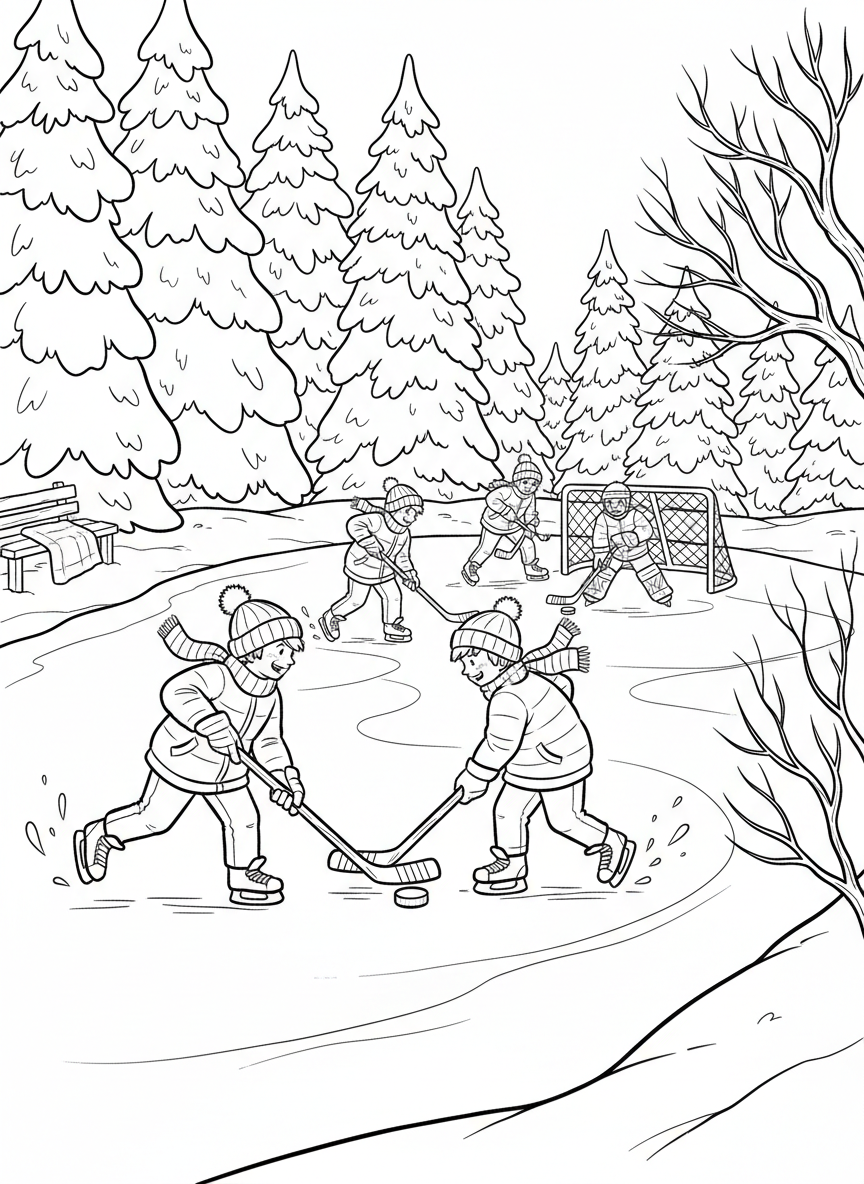 A winter outdoor pond hockey scene with kids playing, trees and snow in background, cozy atmosphere