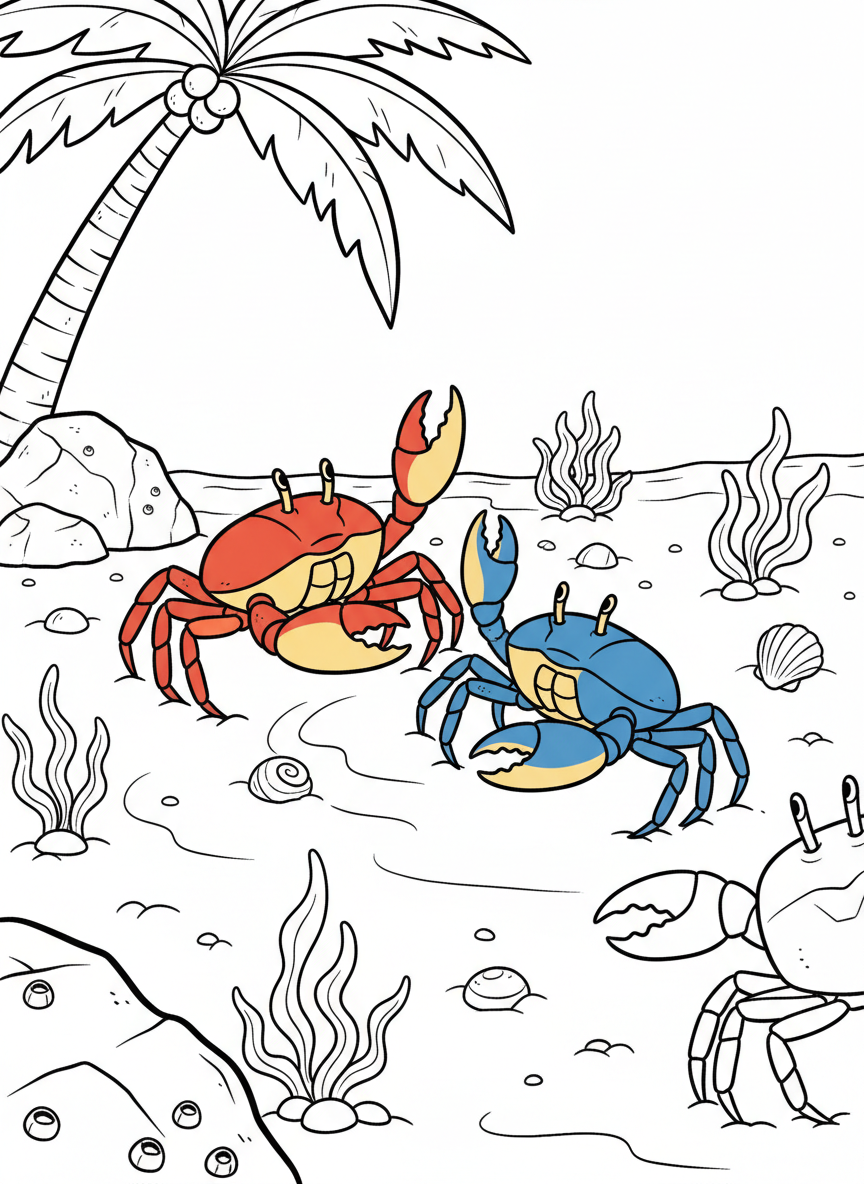 Two colorful crabs with big claws playing together on a sandy beach with seaweed and small shells scattered around them.