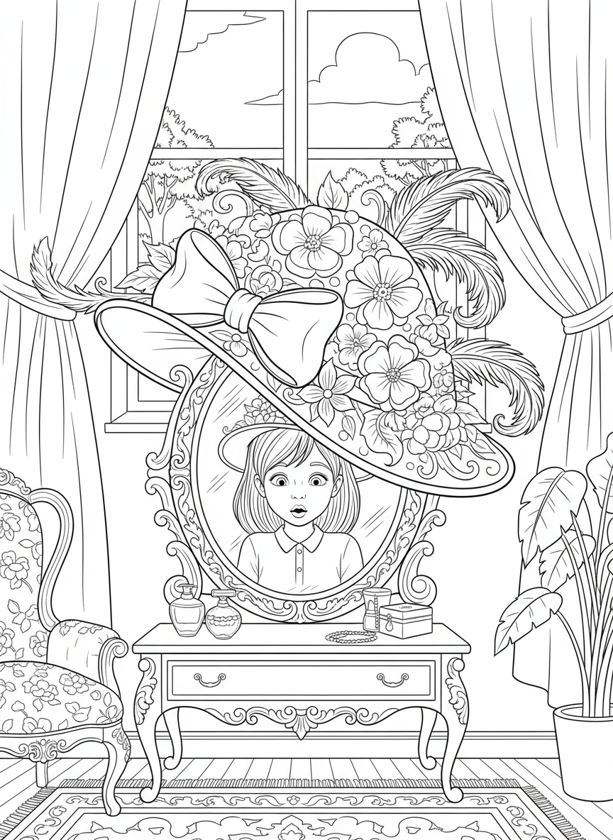 A young girl trying on an oversized fancy Derby hat decorated with bows, flowers, and feathers in front of a mirror.
