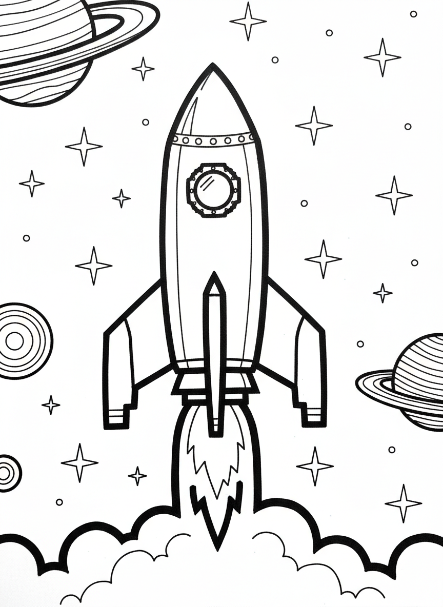 A pixel art rocket ship blasting off with exhaust flames, stars in the background, blocky retro video game style with clear outlines.